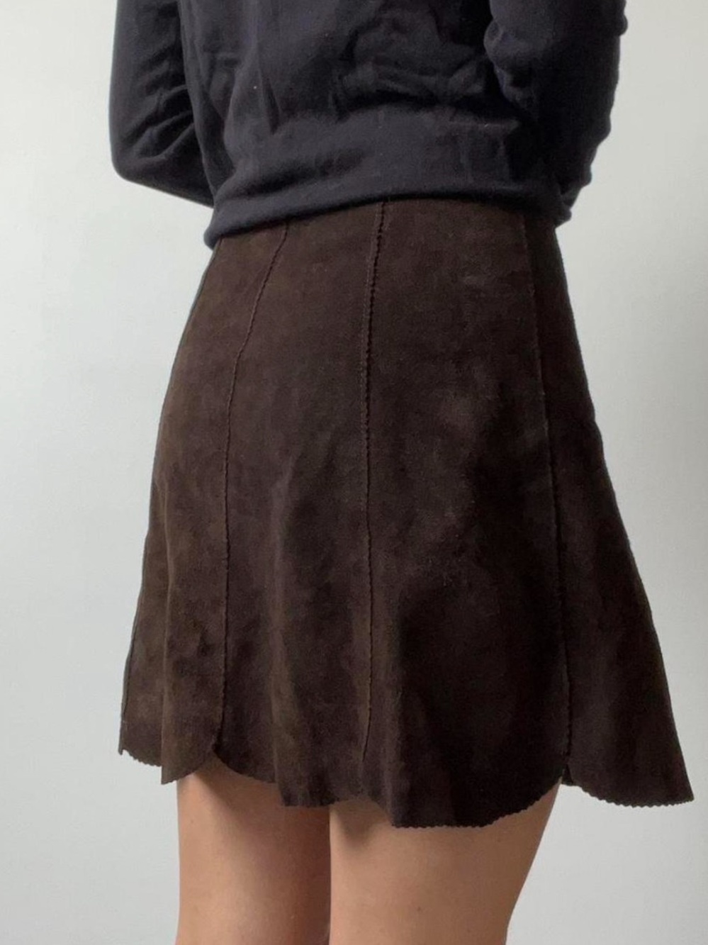 Zara Dark Brown Suede Scallop-Hem Mini Skirt